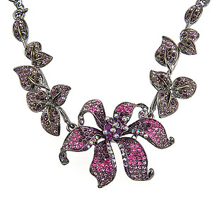 SN245F: Elegant Fuschia Floral Necklace and Earring Set