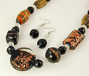 SNT136: Black & Metallic Hand-Blown Necklace & Earrings Set