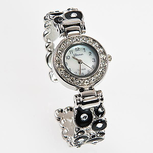 WA120: Black Enamel and Crystal Silver Watch