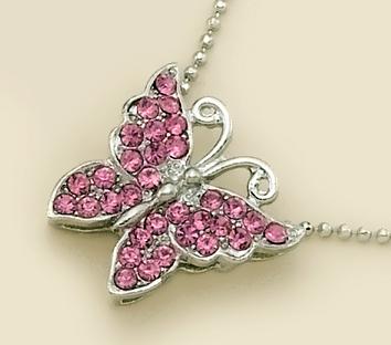 NA146P: Pink Crystal Silver Butterfly Necklace on Caviar Chain