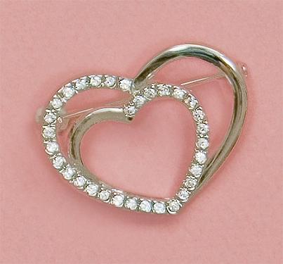 PA535: Silver Double Heart Crystal Pin