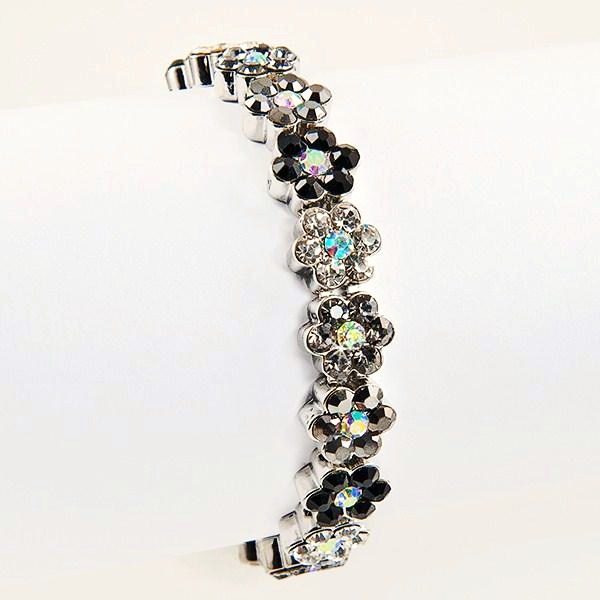 BR282:Jet and Diamond Floral Crystal Bracelet